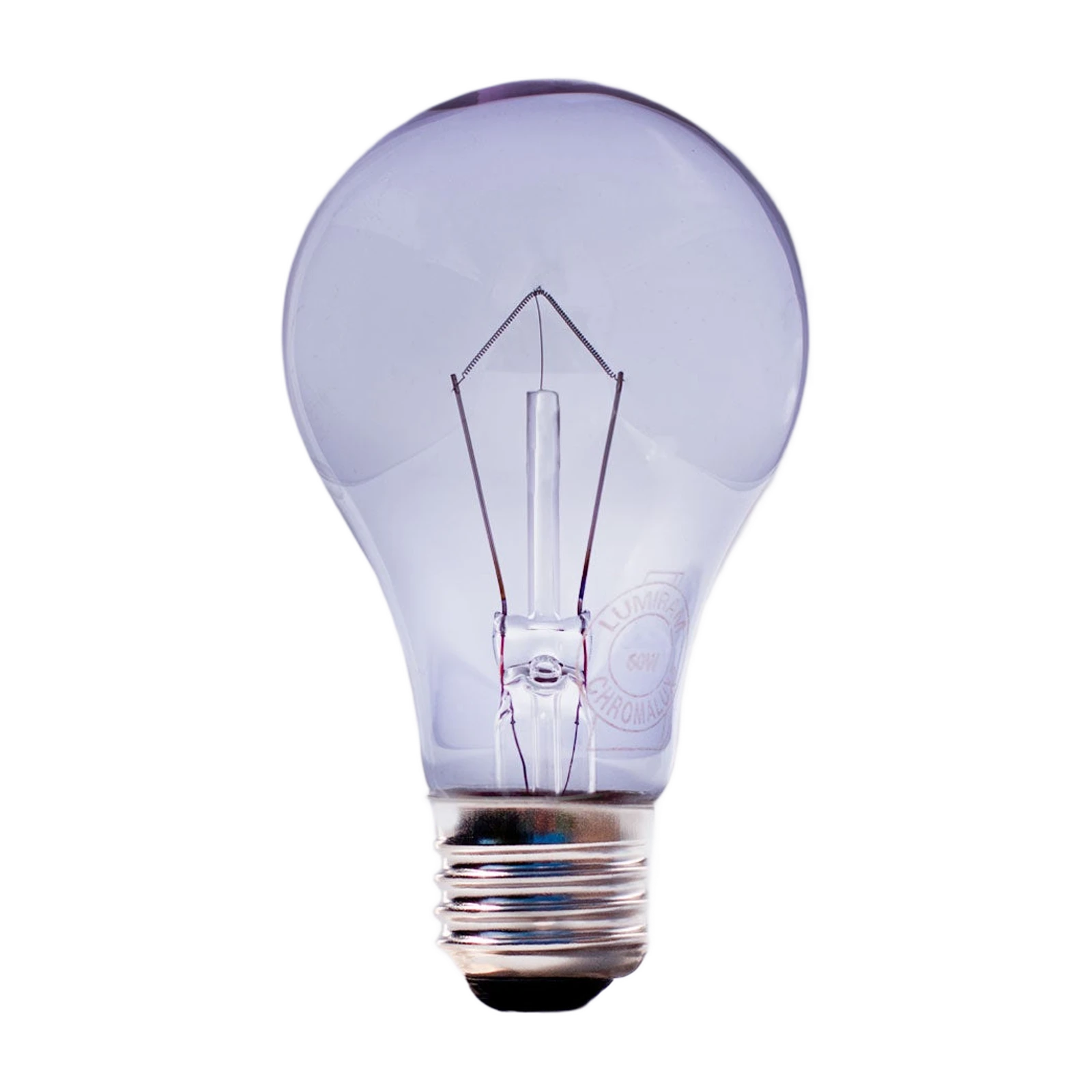 Clear Chromalux A19 60-watt incandescent bulb with a lavender neodymium-glass envelope