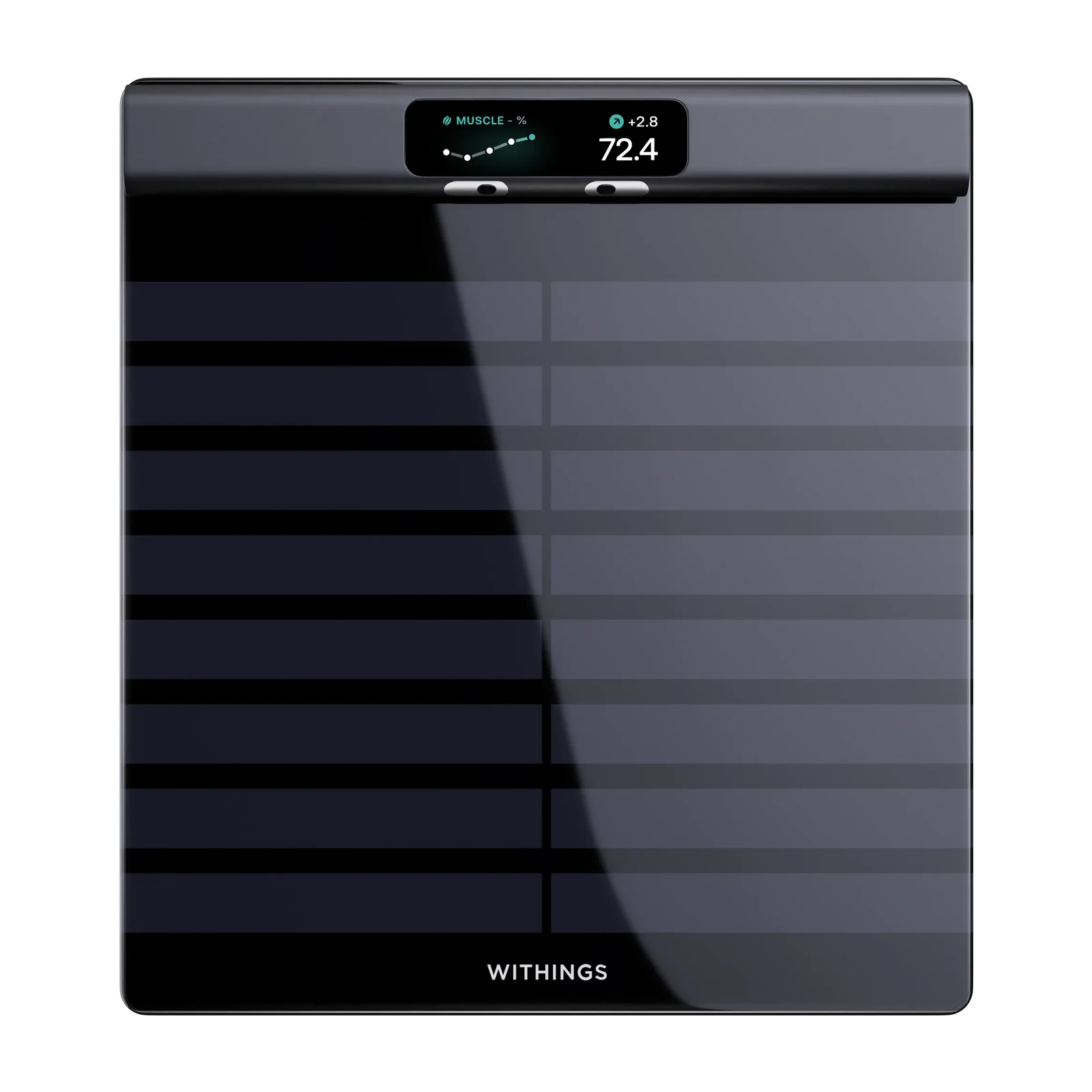 Black Withings BodyScan 2 smart scale with its sensor handle docked