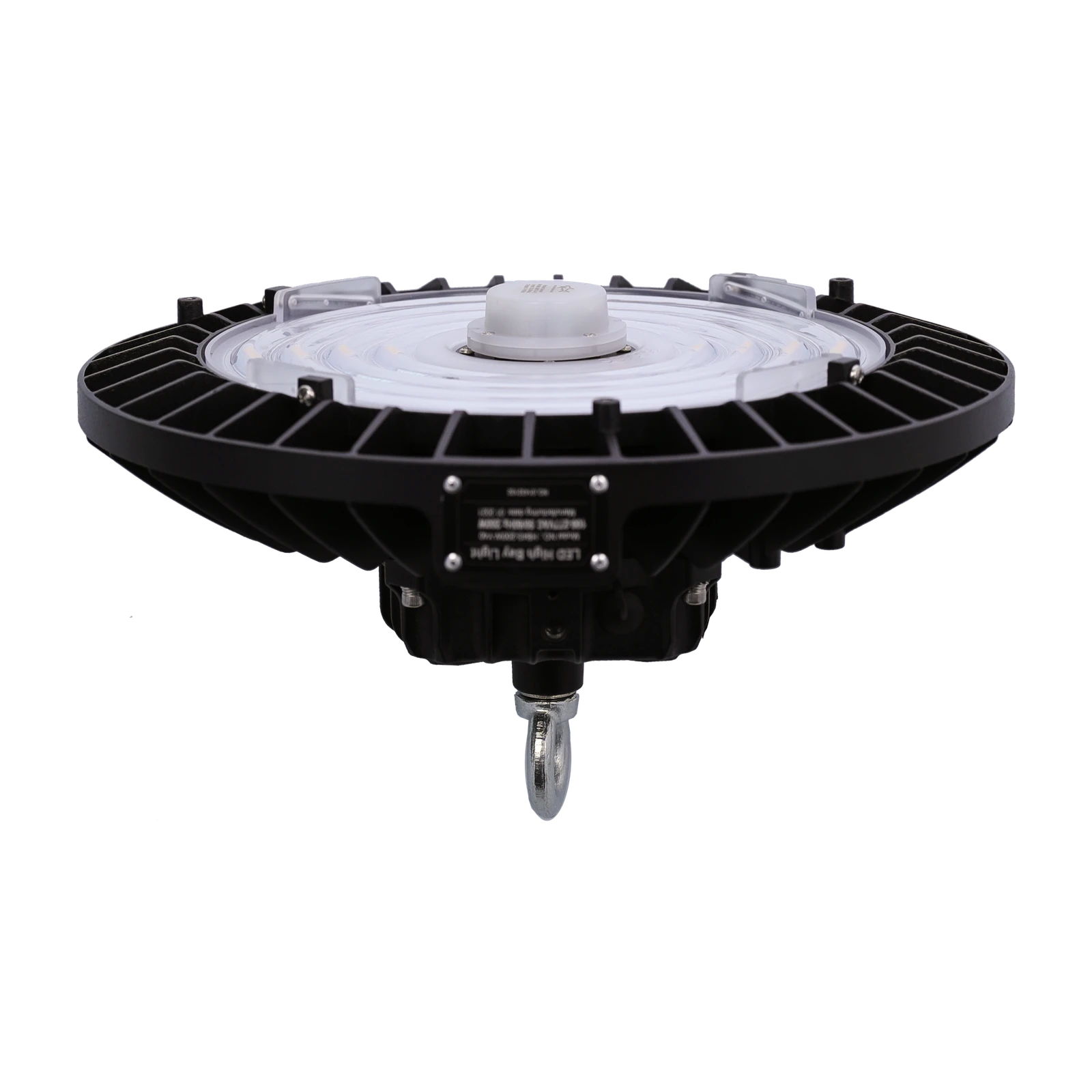 Circular black YUJILEDS CRI-MAX 200W high-bay LED fixture from an angled side view
